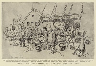 Chinese Soldiers waiting to be ferried over the Peiho by Charles Edwin Fripp